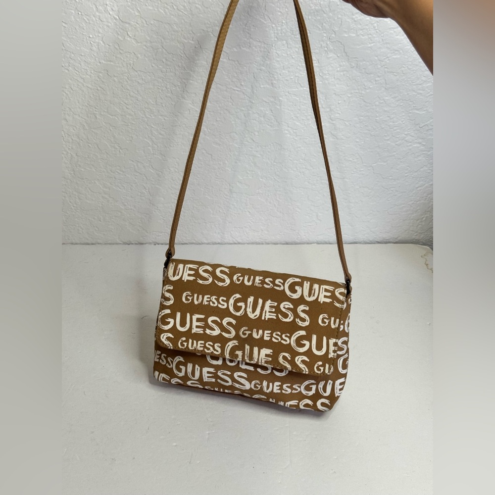 Vintage Y2K Guess Print Logo Tan Shoulder Bag - Picture 1 of 11